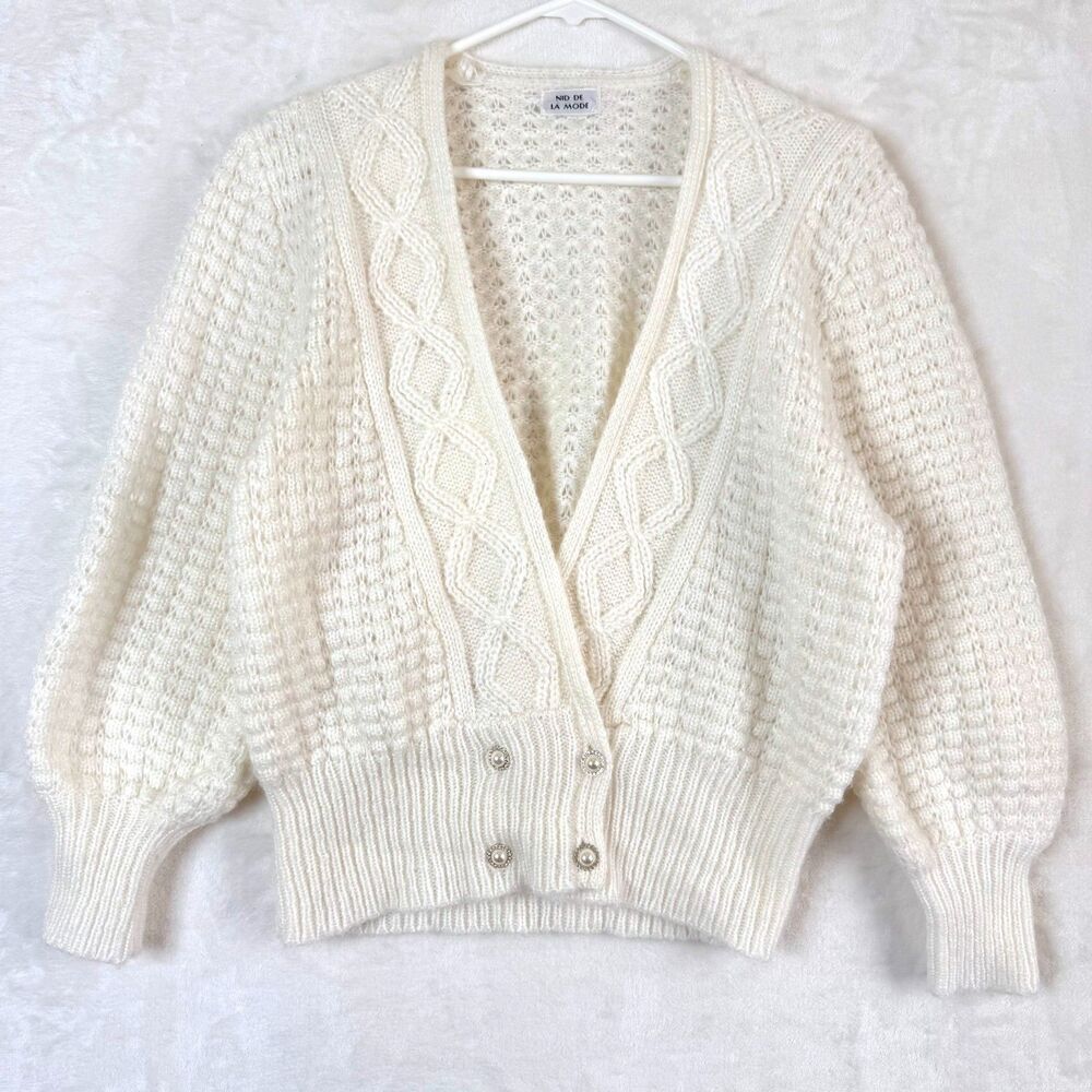 NID DE LA MODE Plunge V Neck Open Knit Button Balletcore Sweater Womens M Cream